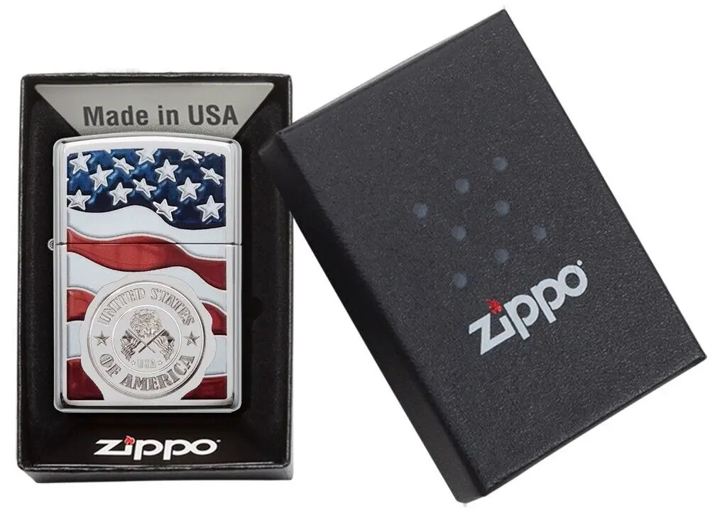 Zippo American Stamp On Flag High Polish Chrome Antivento Pocket Lighter Collection In Box