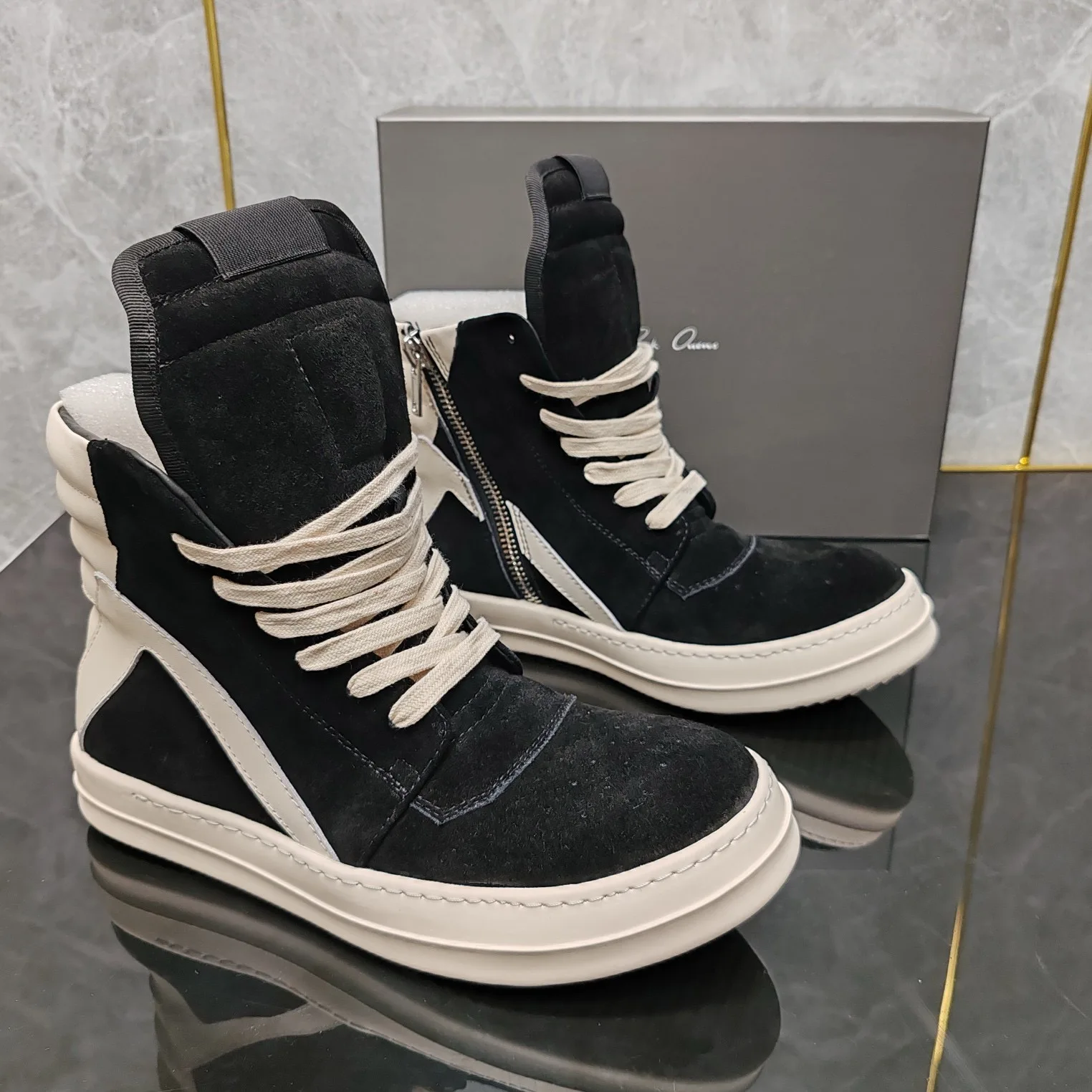 Rick shoes black frosted inverted triangle high-top shoes British retro men's Joker couple small essential.