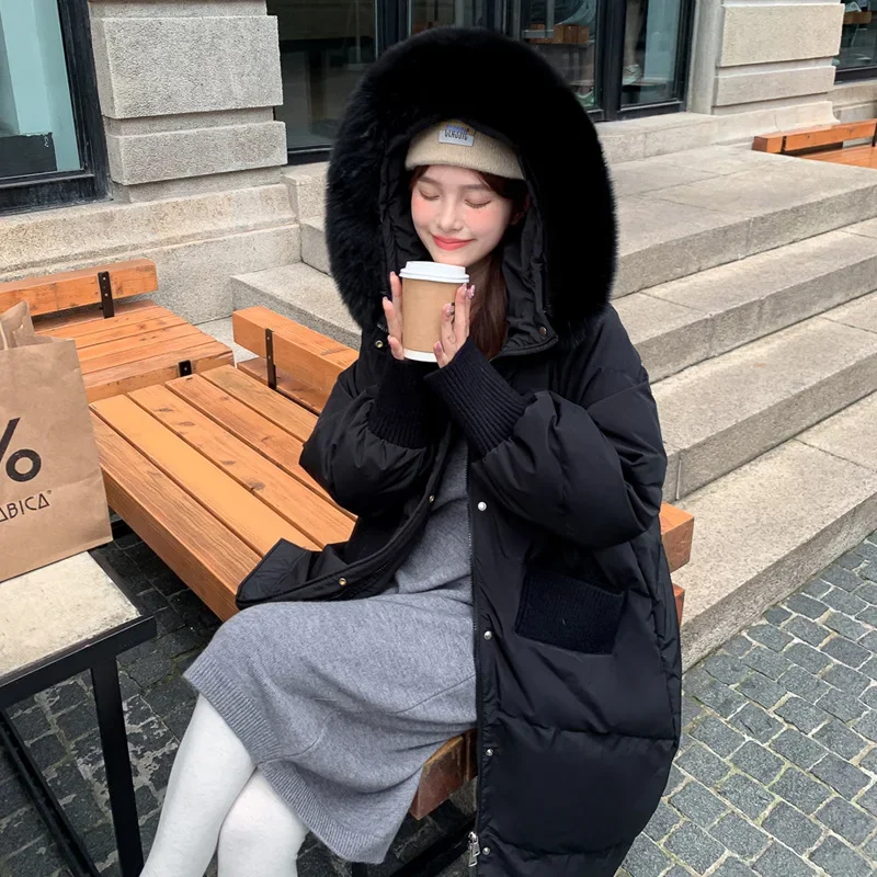 Caramel Hooded Down Jacket for Plump Women 2023 Large Size Overcoats Lady White Duck Thickened Jacket Fox Fur Loose Coat Vintage