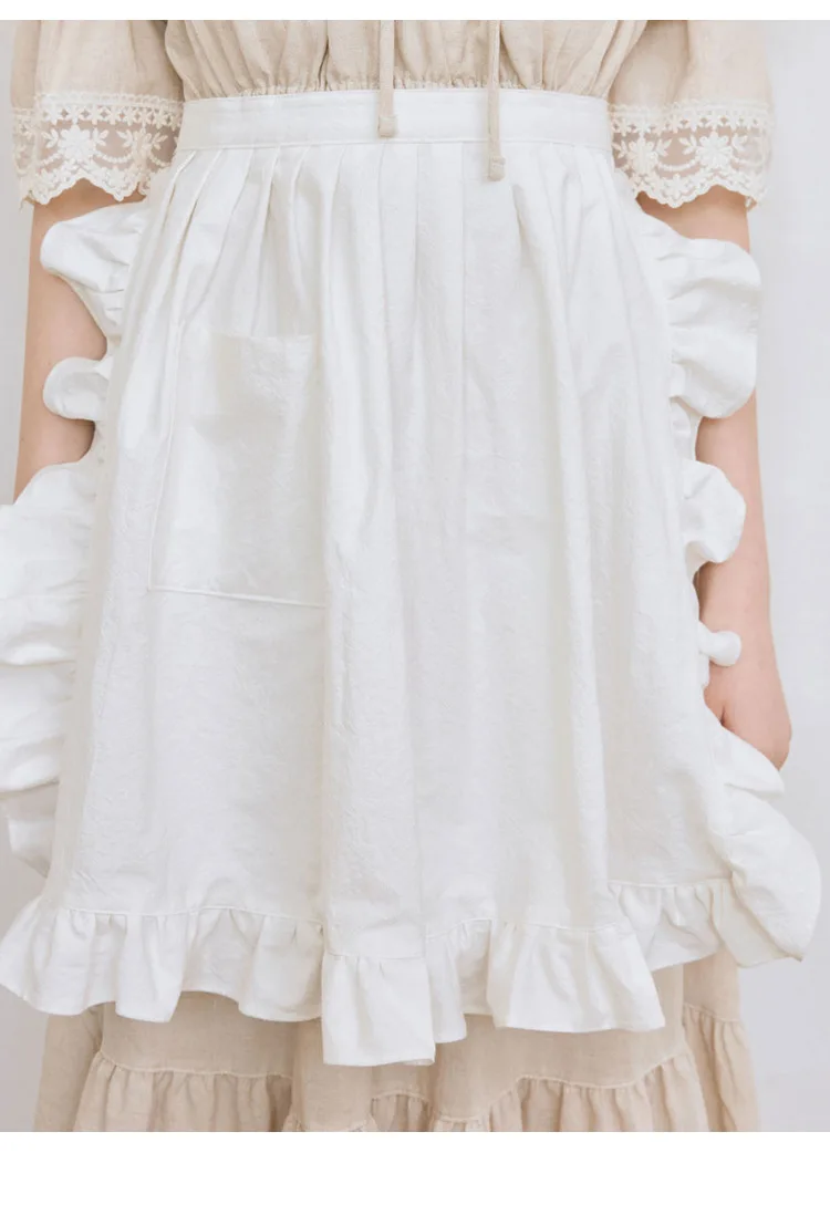 Damen-Schürze, sanfte und elegante Spitze, weiß, französischer Stil, personalisierte kurze Schürze, floraler Saum, Taillenschürze für Server-Barista – Detail 10