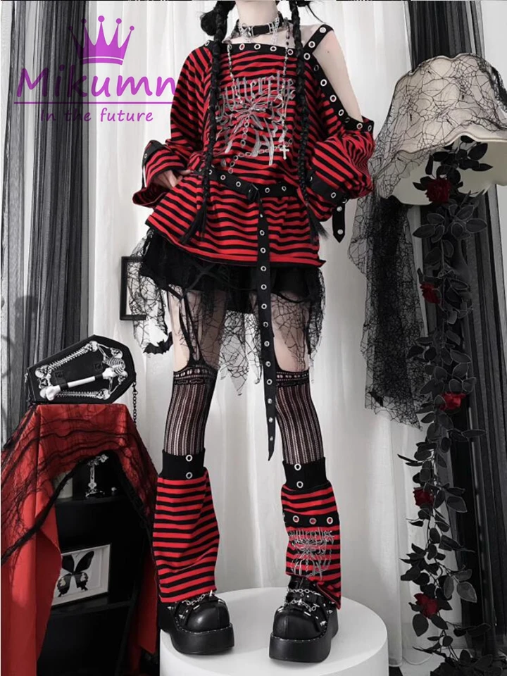Harajuku Punk Black Blue Red Striped T Shirts Y2k Gothic
