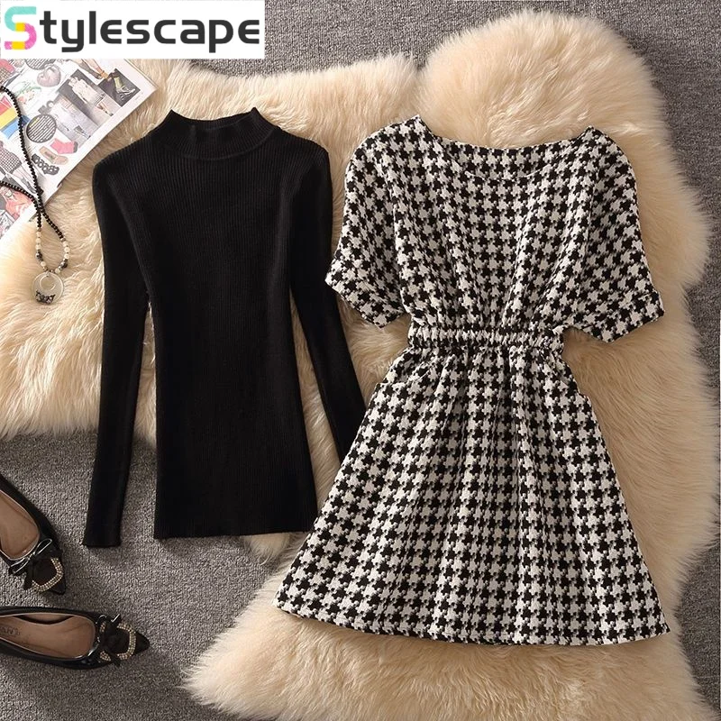 Checkered Woolen Dress Two Piece Set 2024 New Bat Sleeve Elastic Waist Slimming Retro Strap Dress Set for Woman