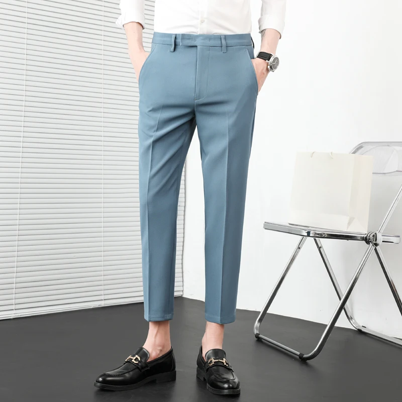 Summer Solid Color Business Casual Pants Men Slim Fit Social Suit Pant Formal Office Ankle Length Trousers Streetwears 36-29 stretch pants business pants suit pants men pants