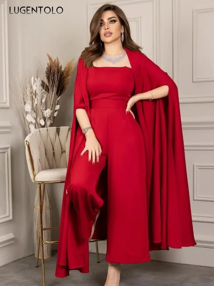 

Women Sexy Strapless Jumpsuit Elegant Loose Cloak High Waist Lady 2023 New Wide-leg Pants Middle Eastern Luxury Ponchos 2-piece