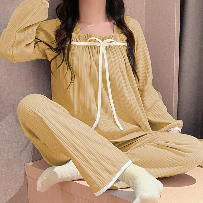 Spring Milk Silky Pit Strips Off Shoulder Long Sleeve Pajamas Women's Home Clothes Bowknot Sweet Casual Pullover Set of 2