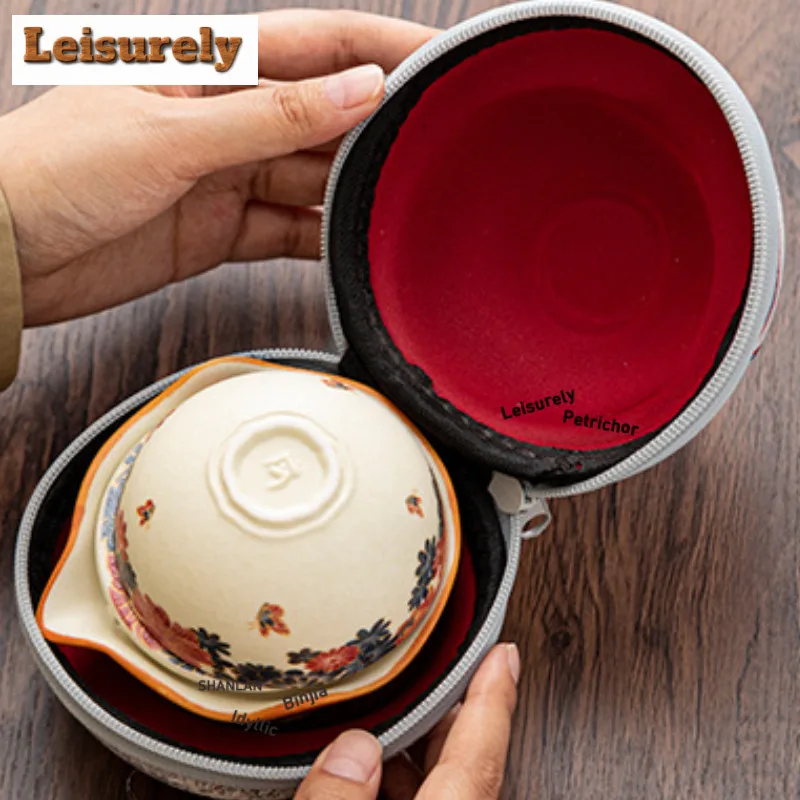 Mineral Rocks White Little Cat Travel Tea Set Kit Traditional 1 Pot 3 Cups Tea Making Organizer Portable Picnic Handbag Craft