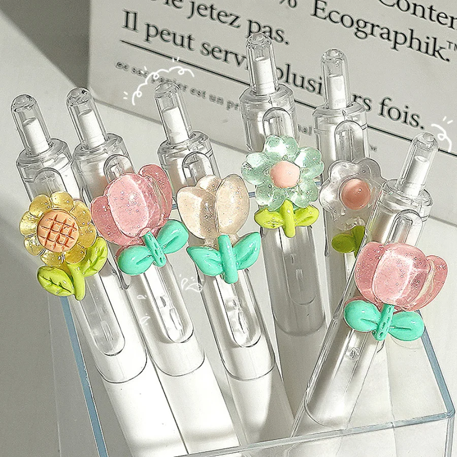 5Pcs Flower Gel Ink Rollerball Pens Medium Point 0.5mm Quick-Dry Plastic Pens Tulip Design Retractable Writing Pens Decoration 6