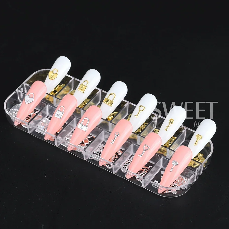 12 Gitter Gold Silber Metall Schloss Schlüssel Nagel Dekoration Teile Liebe Herz Charms Schmuck DIY Valentinstag Maniküre Zubehör Flocken – Detail 9