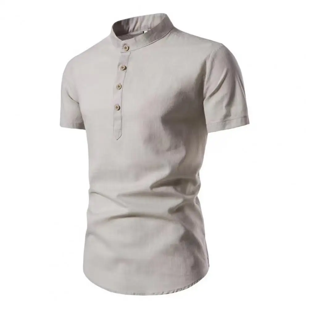 

Summer Men Shirt Stand Collar Short Sleeves Slim Mid Length Formal Top 2023 Men Clothing