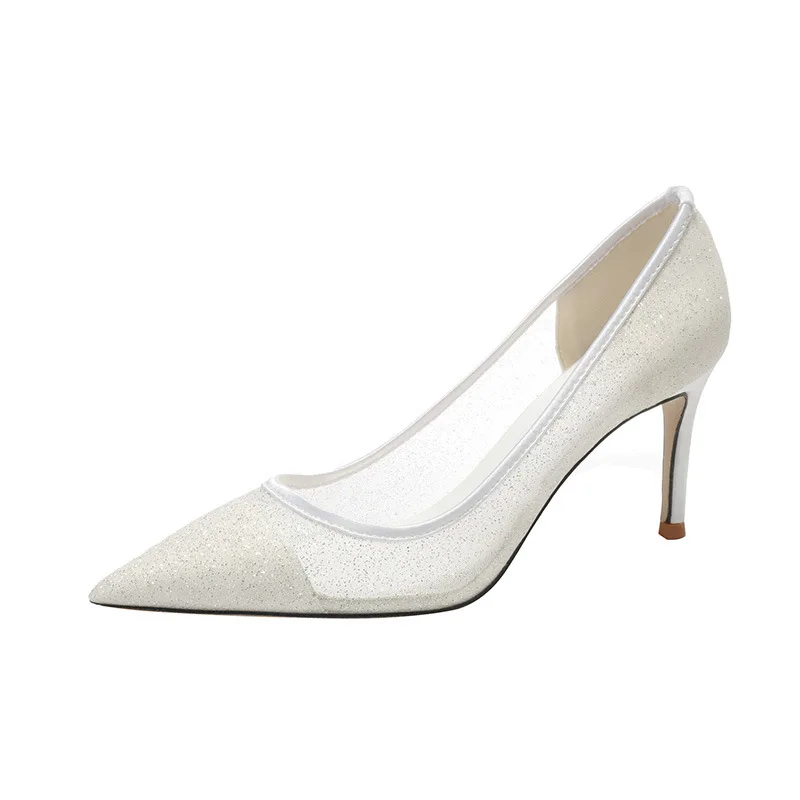

Женские сетчатые туфли на высоком каблуке, привлекательные кружевные свадебные туфли белого цвета, банкетное платье цвета шампанского, удобный модный дизайн, новинка 2024