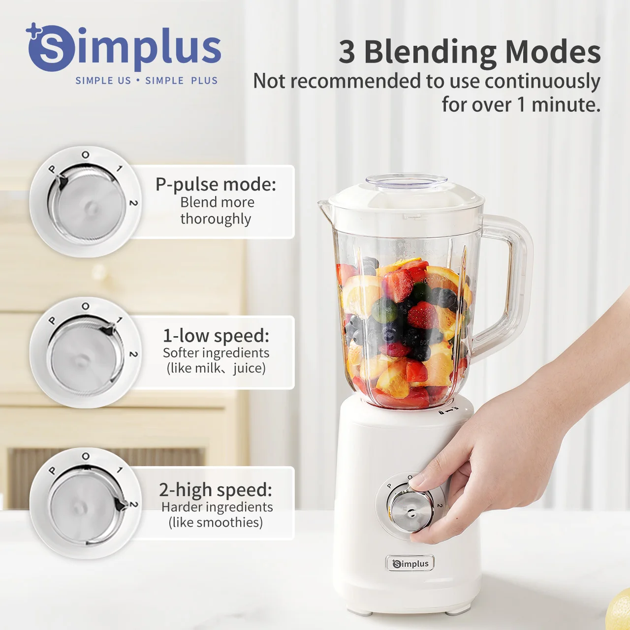 Simplus 1.25L Multi-function Food Processor Blender 3 Blending Modes 3 Interchangeable Cups Travel Cup Mason Cup, Juicer blender 3