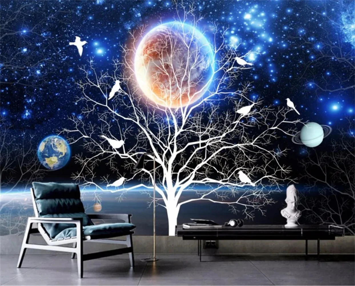 Beibehang Papel De Parede, Carta Da Parati Fotografica Personalizzata Murale Dream Star Sky Simple Tree Flower Bird Tv Sfondo Wall