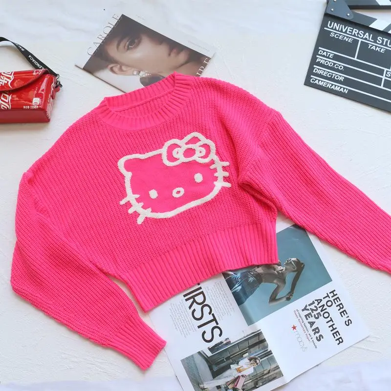

Sanrioed Kitty Y2K Sweater Cute Cartoon Autumn and Winter Girl Sweater Short Style Slim Fit Shirt Anime Peripheral Festival Gift