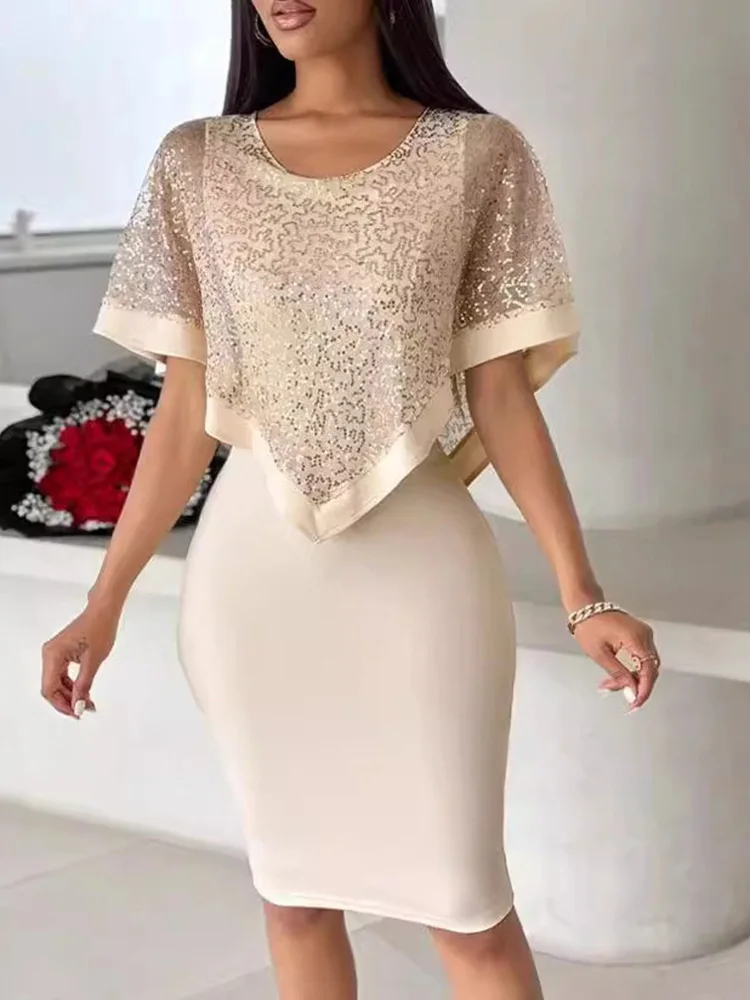

Elegant Dresses for Women 2024 Summer Cloak Sleeve Contrast Sequin Slit Casual O-Neck Half Sleeve Plain Daily Midi Bodycon Dress