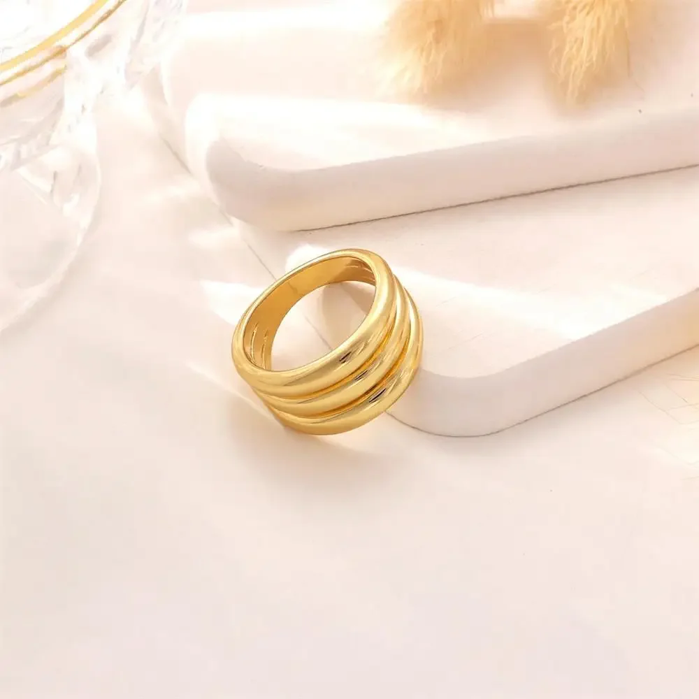 18K Gold Plated Three Layers Circle Round Metal Glossy Simple Knuckle Ring Women Waterproof PVD Stainless Steel Designer Jewelry