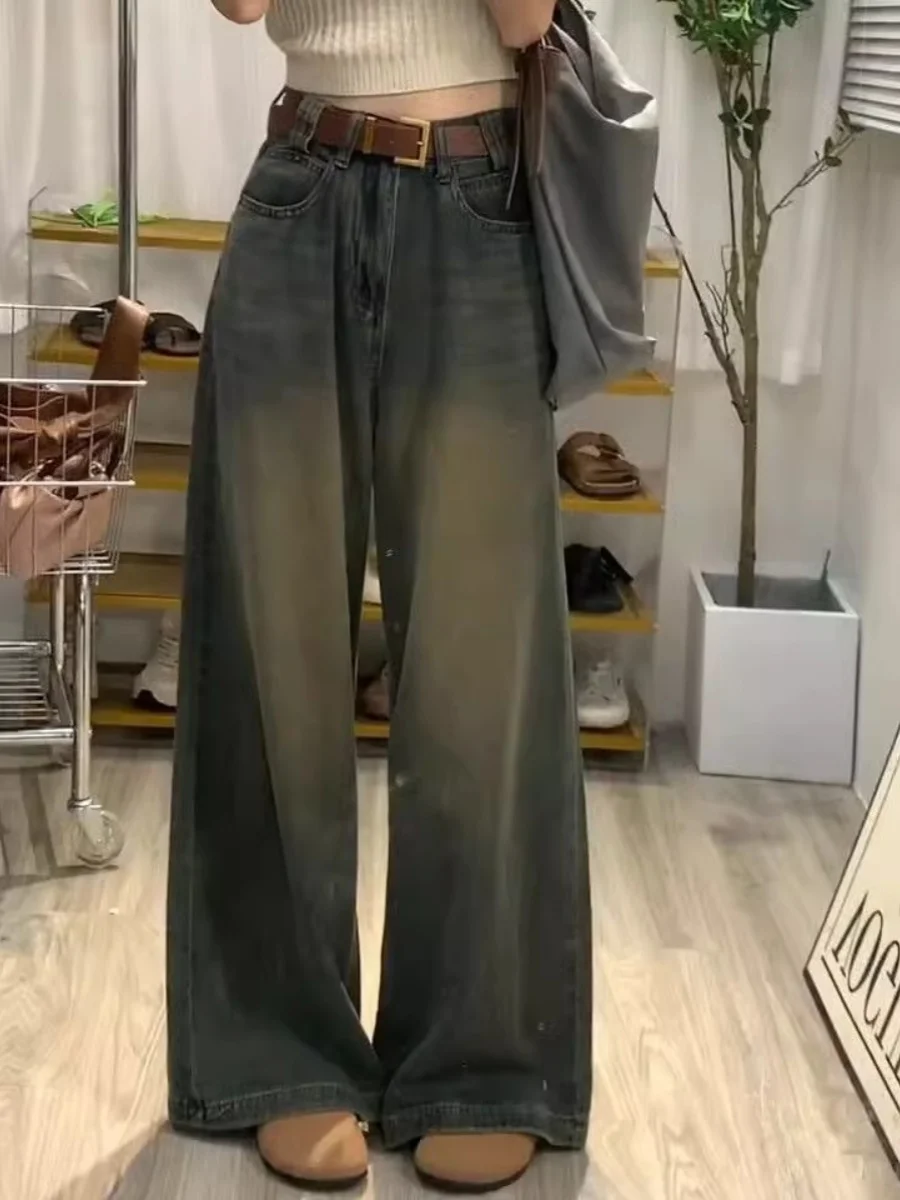 plus Size Women's American High Street Wide Leg Jeans Vintage Drapey Loose High Waist Straight Long Pants Slimming Effect
