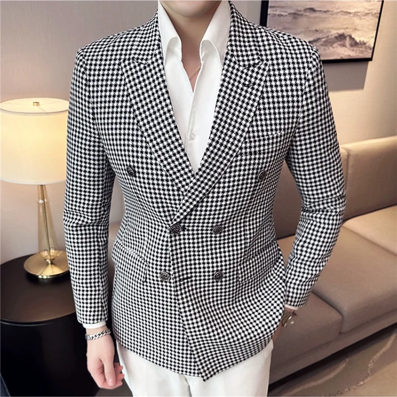 British Style Fashion Double Breasted Casual Blazer Coat Men Check Slim Fit Suit Jacket Formal Office Wedding Tuxedo Jacket