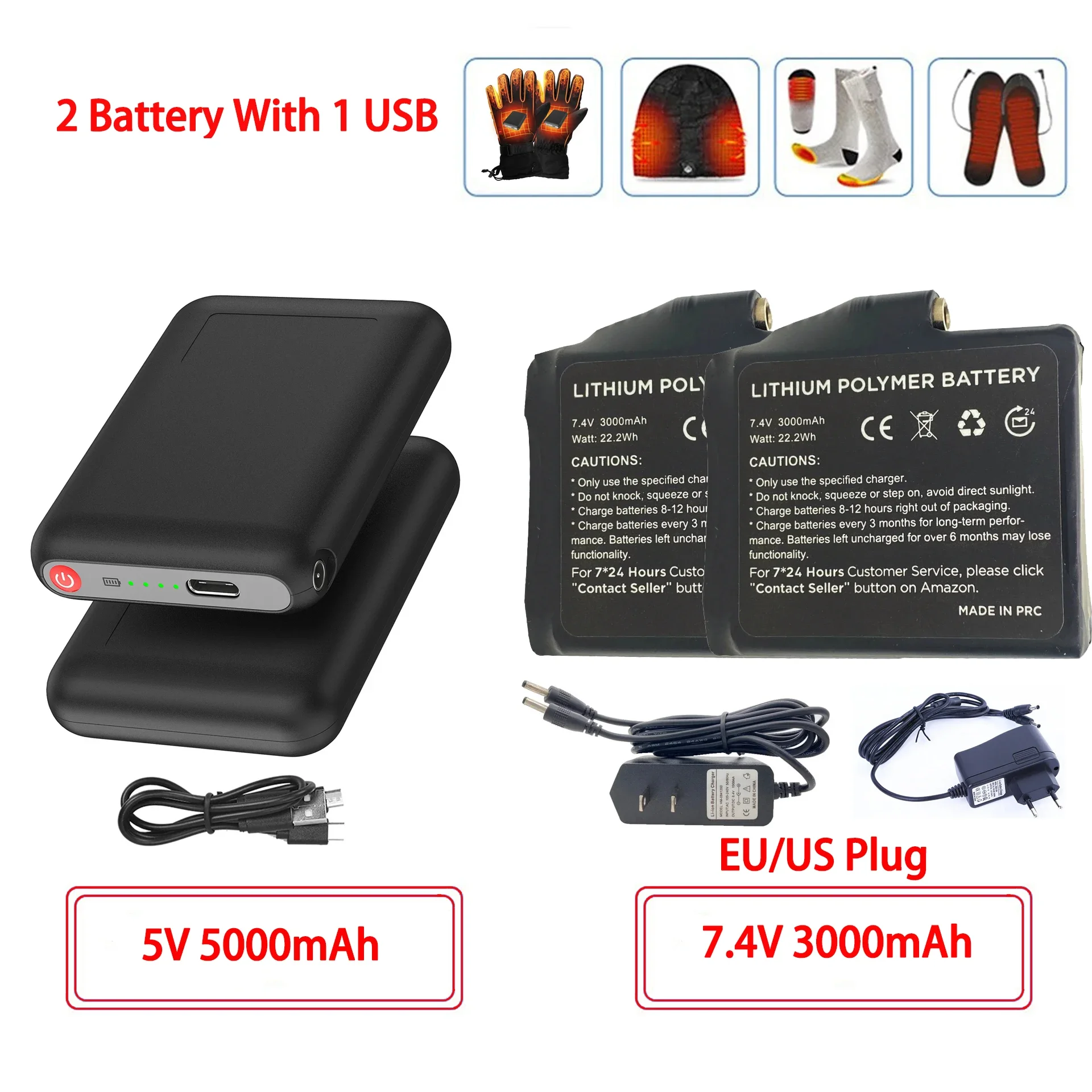 Winter Heated Socks Batteries 7.4V 3000mah 5V 5000mah Li-Polymer Battery Packs For Warm Gloves Clothes Hat Charger Power Bank rechargeable battery battery charger