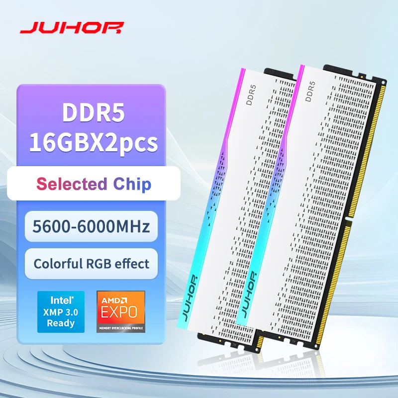 JUHOR DDR5-6000 16GB 2枚組 計32GB ホワイト RGB DDR5 RGB Star Domain RAM memory White and black - Juhor
