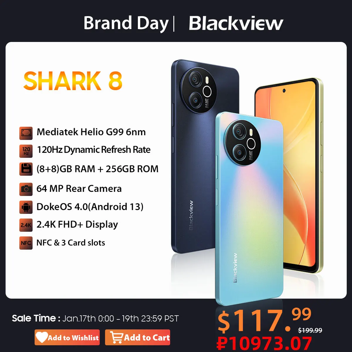 Blackview-Smartphone SHARK 8, teléfono móvil con Android 13, G99, pantalla de 6,78 pulgadas, 120Hz, 2,4 K, 16GB, 256GB, 64MP, estreno mundial