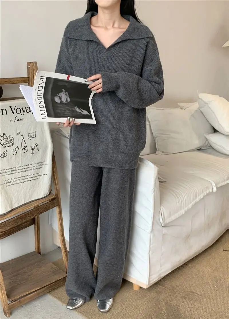 Conjunto de dos piezas de punto para mujer, jersey de solapa, pantalones largos, moda coreana, ropa informal para mujer, prendas de punto nuevas