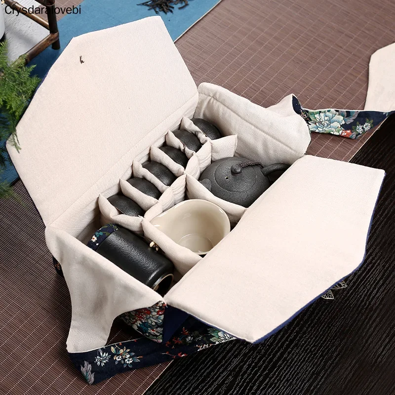 Vintage Printing Cotton And Linen Tea Cozies Portable Travel Kung Fu Tea Set Storage Teapot Teacup Tray Accessory Hand Bag