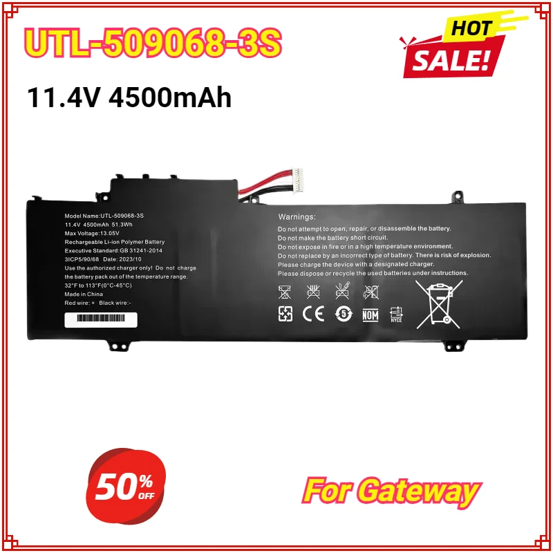New UTL-509068-3S Laptop Battery for Gateway GWTN141 GWTN156 GWNC31514 51416 GWNR71517 5376275P 11.4V 51.3Wh 4500mAh