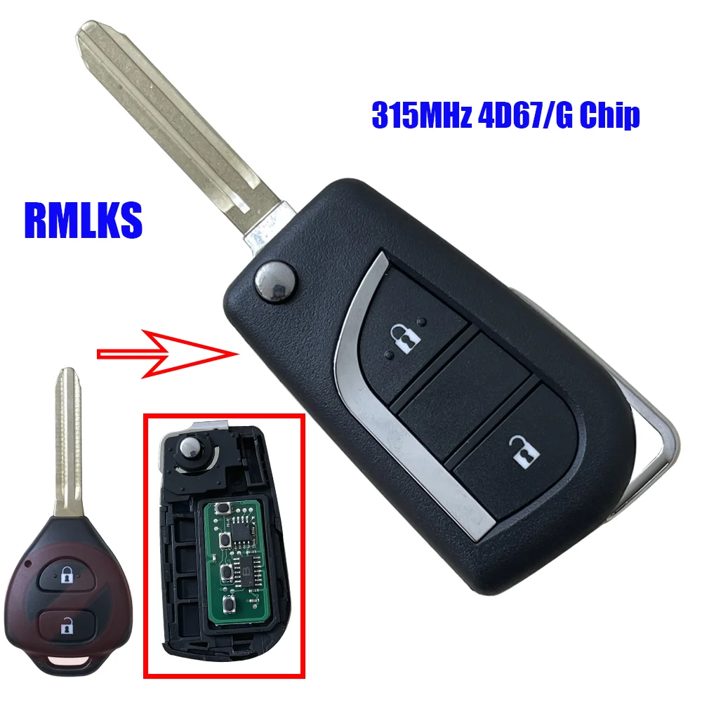 

315Mhz Flip Smart Key For Toyota Camry Corolla Prado RAV4 Vios Hilux Yaris 2/3 Buttons Car Remote TOY43 Blade 4D67/G Chip