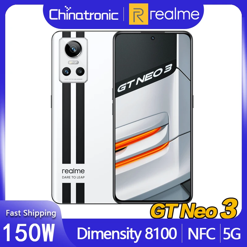 New realme GT Neo 3 Neo3 256GB 5G Mobile Phone 150W Super Charge Dimensity 8100 Octa Core 6.7"FHD+ 50MP IMX766 NFC realme UI 3.0 8gb ddr3