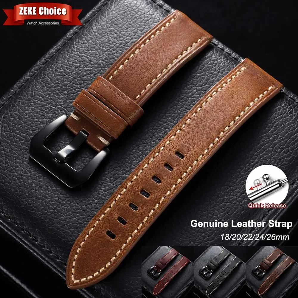 Vintage Stitching Genuine Leather Watch Straps for Men - Quick Release Replacement Top Grain Band