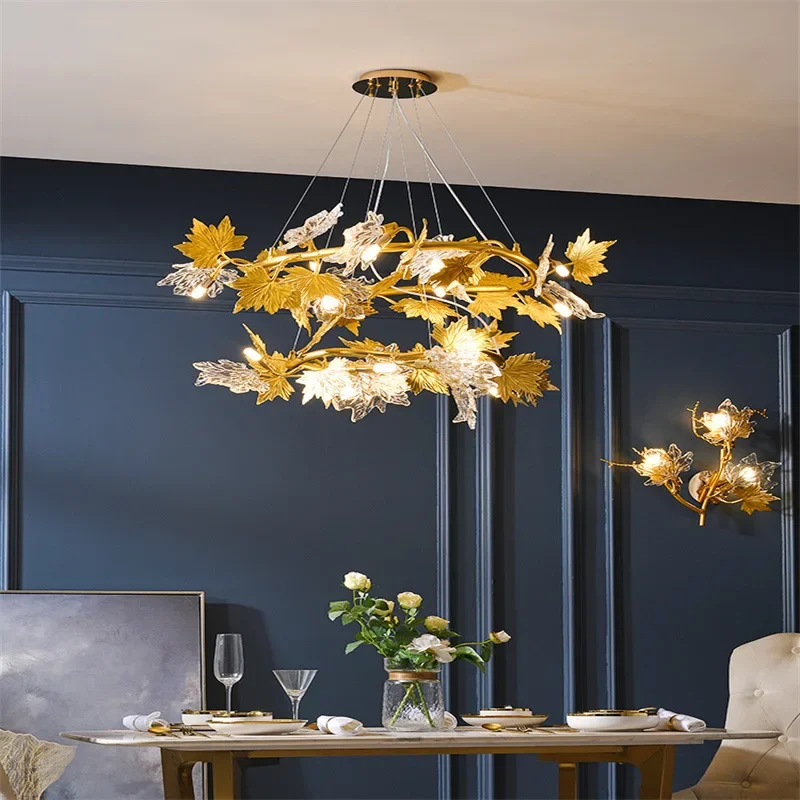 

Glass Maple Leaf Art Chandeliers Hanging Pendant Lighting Modern French Country Lustre Crystal Suspension Rustic Bar Decor Lamps