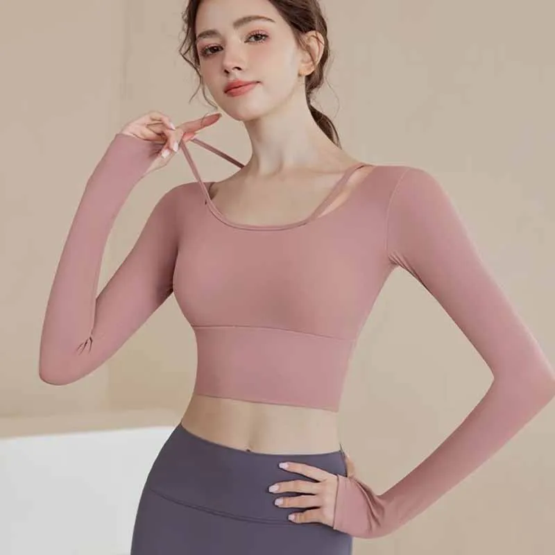 Women Long Sleeve Fitness Crop Top Sports Shirt Build-in Cup Yoga Shirts Pilates Sportswear Workout Training Gym Tops Activewear sports t shirt,yoga top,yoga shirt,sports shirt