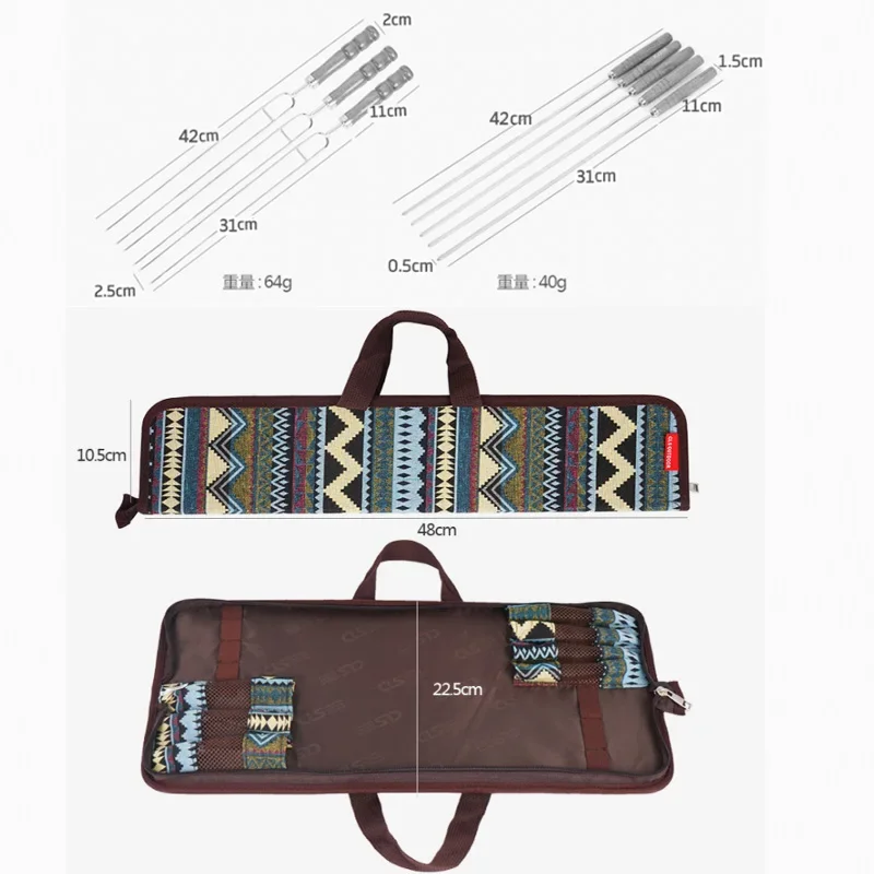Outdoor BBQ Skewer 7-piece Set Stainless Steel Barbecue Wooden Handle Sticks BBQ Grill Skewers with Storage Bag Camp Picnic Tool
