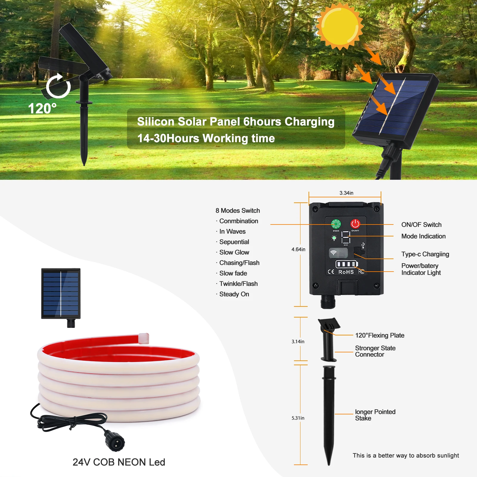 IP68 방수 태양 COB LED 네온 스트립 DC24V 320Leds/m 유연한 리본 테이프 화이트/레드/아이스 블루/핑크 LED 스트립 정원 장식