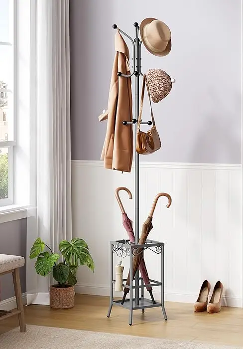 gray coat rack with umbrella stand