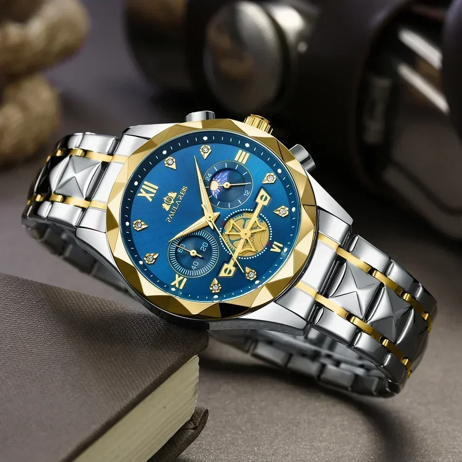Luxury Watches for Men Luminous Chronograph Gold Blue Green