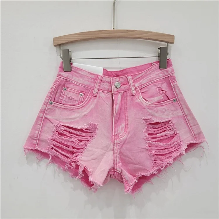 2024 Summer New Streetwear Burrs Tassel Hem Wide Leg Shorts Women's Hole Low Waist Distressed Jeans Shorts