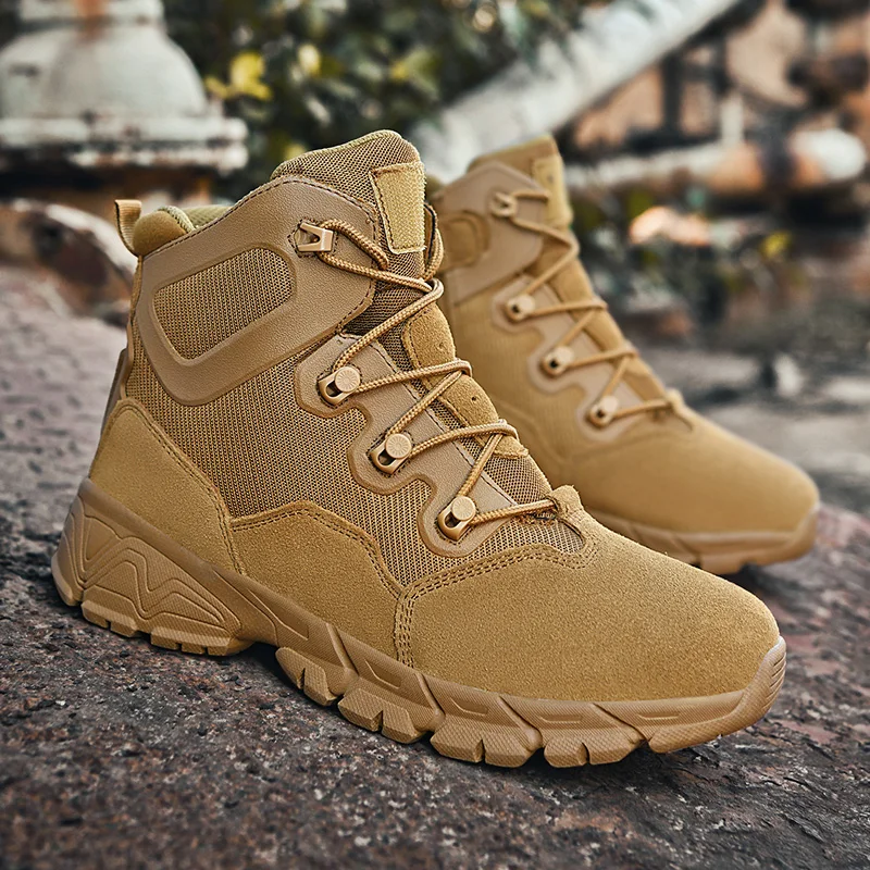 Genuine Leather Tactical Military Desert Boots Outdoor Platform Non-slip High Top Hiking Trekking Boots Zipper Ankle Sneakers