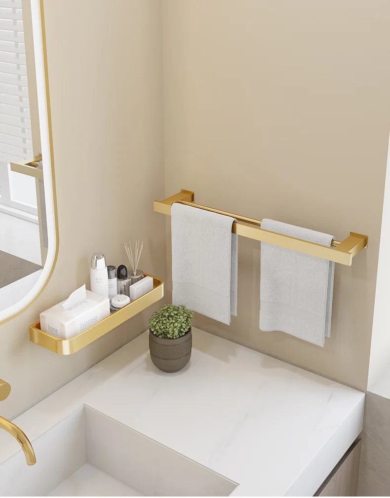 Description Picture 4 of itemBathroom Accessories Perforation-free Metal Bath Towel Holder Deluxe Bathroom Square Towel Holder Aluminum Alloy Wall Shelving