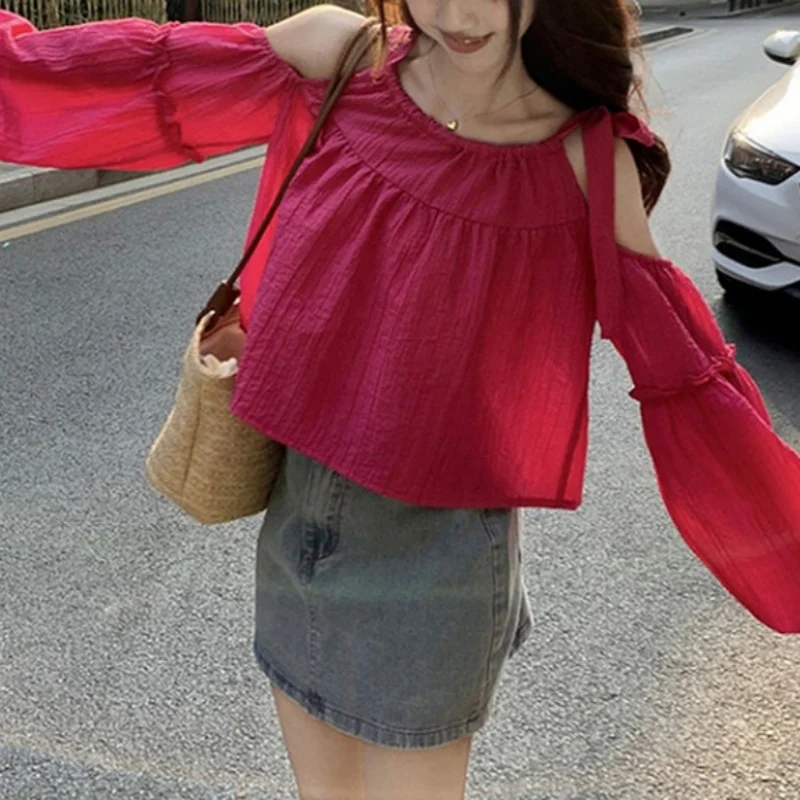 Women y2k Clothes Sexy Solid Color Tie Shoulder Lantern Cold Shoulder Long Sleeve Blouses Tops 2000s Shirts Streetwear