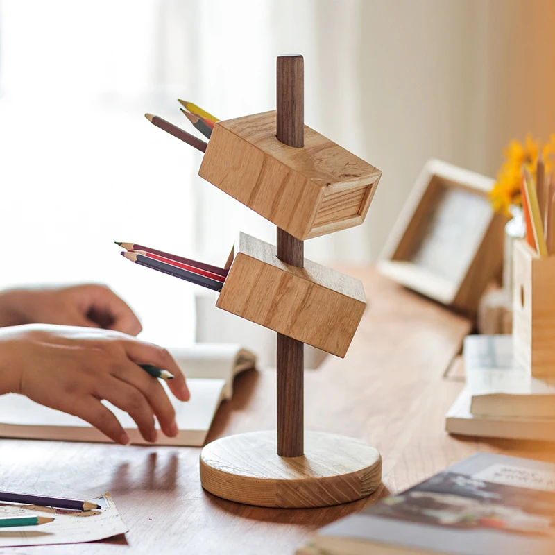 Solid Wood Slanted Pen Holder Multi-Layer Desk Organizer Retro Office Stationery rack Stylish Desktop Decoration for Workspaces