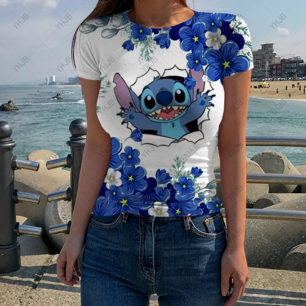 

Women T-Shirt Y2k Tops Tees Stitch Print Slim Graphic Summer Korean Fashion Harajuku Streetwear Short Sleeve Aesthetic Clothes
