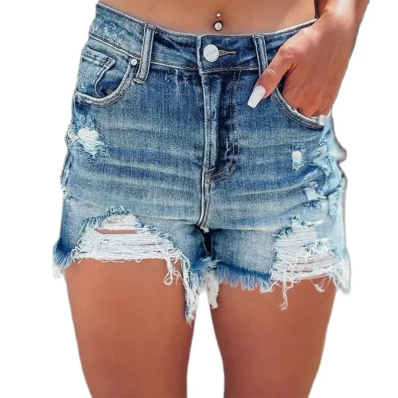 Women American Style Casual Broken Holes Denim Shorts Tassel Pants Legs Female Three Quarter Pants New Vintage Trend Streetwear