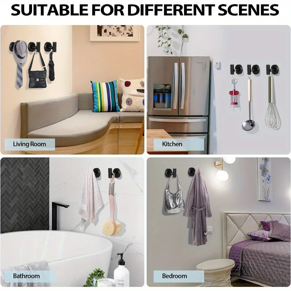 Matte Black Adhesive Wall Hooks 2 Packs, Heavy Duty Sticky Towel Hooks for Bathroom Kitchen Door