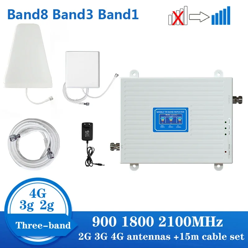 Трехдиапазонный усилитель сигнала 2G 3G 4G GSM 900 + DCS/LTE 1800 Band 3 + UMTS/WCDMA 2100 Band 1, ретранслятор мобильного сигнала, сотовый усилитель