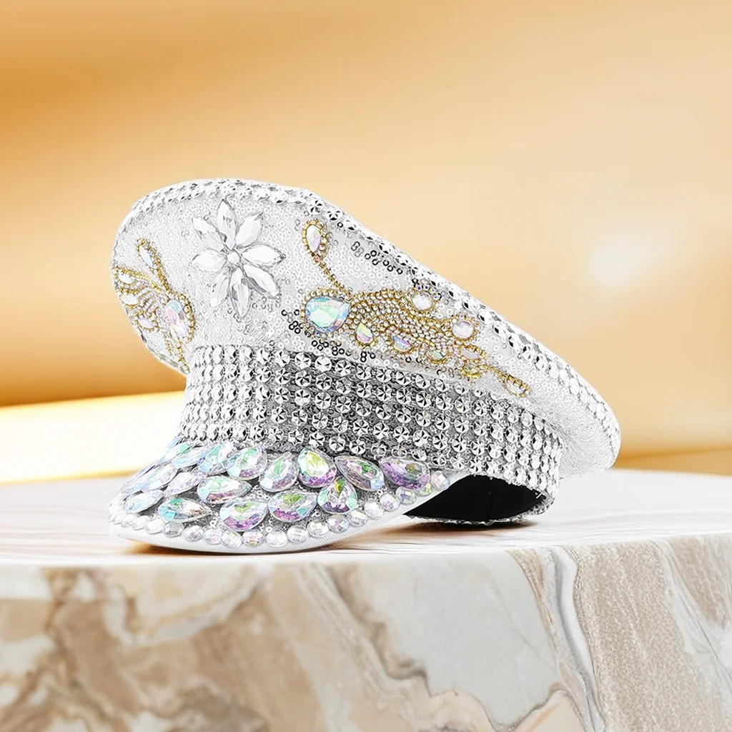 Women Sequin Burning Silver Bride Military Hat Handmade Sailor Captain Sergeant Hat Birthday Festival Part costume hat