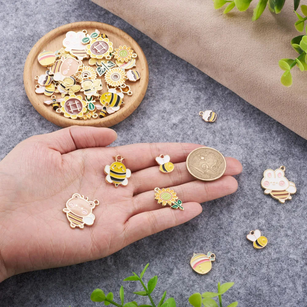 52Pcs Spring Enamel Charms Sunflower Cute Bee Honeycomb Enamel Pendants for Necklace Bracelet Dangle Charms DIY Jewelry Findings