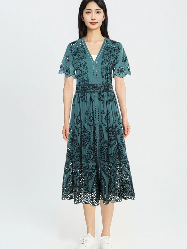 

Gypsylady Floral Embroidery Chic Midi Dress Green Hollow Out Summer Boho Women Dresses Flare Sleeve Tiered Sexy Holiday Vestidos
