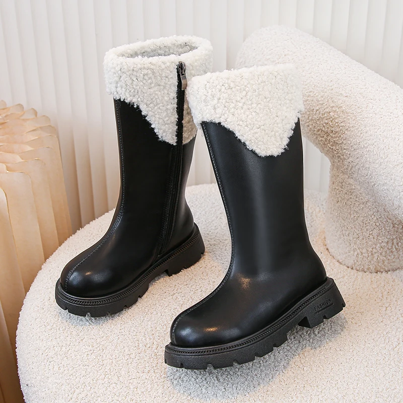 Girls Winter Leather Boots with Fur Soft Bottom Anti Slip