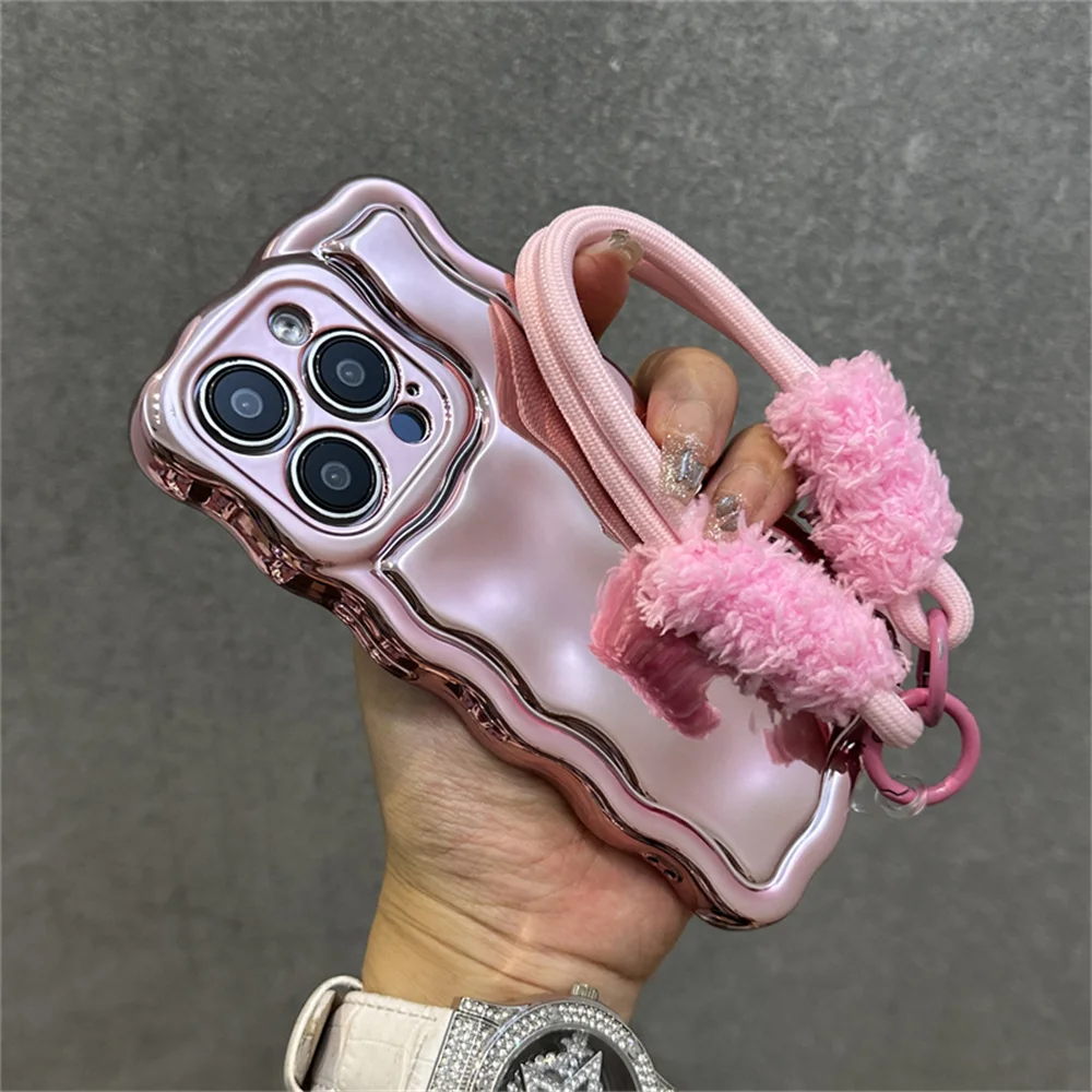 Luxury Curly Wave Semi-Plush Phone Case with Lanyard and Wrist Strap